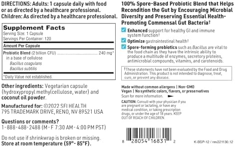 Klaire Labs SFI Health Biospora Probiotic - Bacillus Coagulans & Subtilis 2 Billion CFU for Digestive & Immune Support - Soil-Based