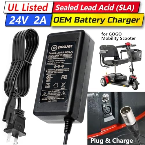 T POWER 24V 2A GoGo Mobility Scooter Charger – Quick 3-Pin XLR Battery Charger for Pride Go-Go, Jazzy Power Chair, ShopRider, Drive Medical