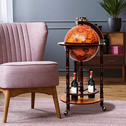 17" Wooden Globe Wine Rack, Wooden Globe Wine Bar Stand, Freely Movable Stable Liquor Bottle Shelf, Nautical Chart Wine Storage Cabinet