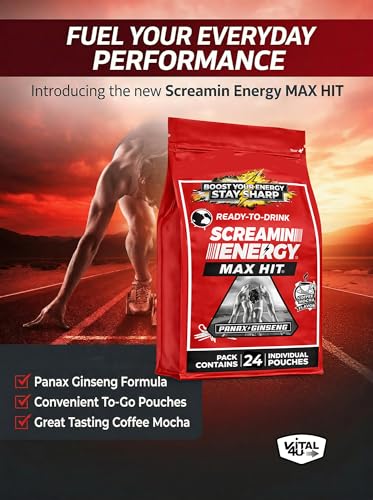 Screamin Energy Max Hit Coffee Mocha Energy Shot Pouches, 24 Count, Extra Strength Caffeine with Panax Ginseng and B Vitamins