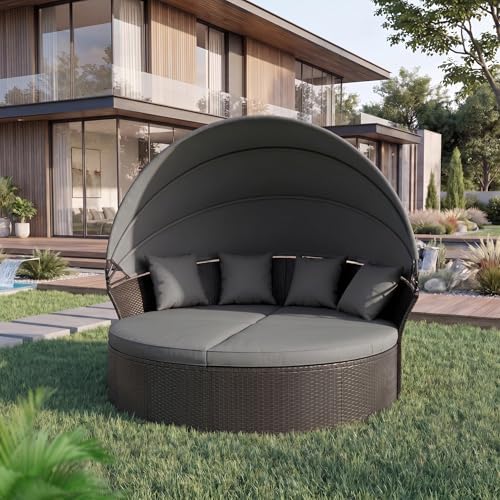Outdoor Patio Furniture Canopy Daybed Round Sofas, 4 Pieces Seating Separates Cushioned Seats, Black Wicker, Lawn Poolside Garden, Grey