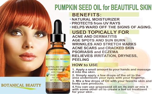 Botanical Beauty Australian ORGANIC PUMPKIN SEED OIL 100% Pure Natural Virgin Unrefined Cold Pressed Carrier Oil. 1 Fl.oz.- 30 ml. for Face, Skin, Hair, Lip, Nails