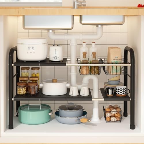 Expandable Under Sink Organizer, 2 Tier Under Sink Shelf | With 2 Removable Baskets and 6 Removable Panels