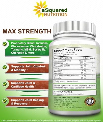 aSquared Nutrition Glucosamine Chondroitin Turmeric MSM Boswellia - 120 Capsules - Joint Support Supplement - Joint Support Relief Pills for Health