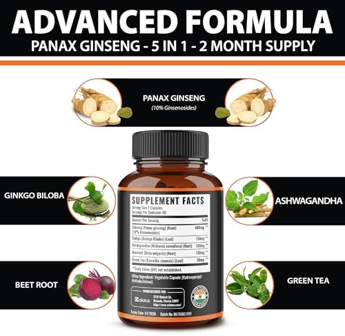 Zolotus Korean Red Panax Ginseng + Ginkgo Biloba, Ashwagandha, Beetroot, Green Tea - 120 Capsules for 2 Month Supply
