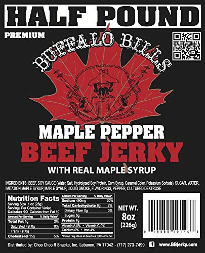 Buffalo Bills 16 Oz Premium Maple Beef Jerky Peppered Pieces in Random Size | Made In The USA, 100% US Beef, USDA Inspected, Whole Muscle Jerky, Real Maple Syrup & Fresh Cracked Black Pepper, Diet Snack