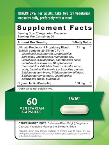 Nature's Truth Probiotics for Men and Women | 25 Billion CFU | 60 Capsules | 14 Strains | Non-GMO & Gluten Free Digestive Health Supplement | 14