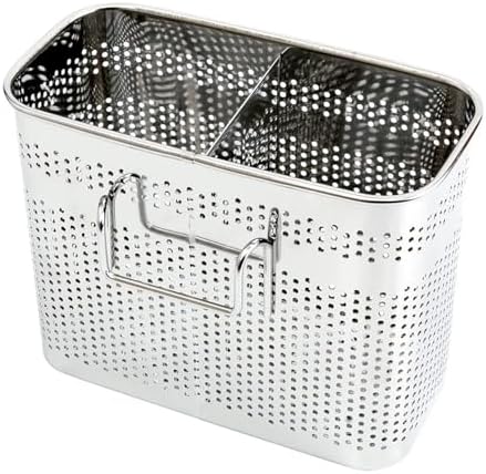 Kitchen Utensils Chopsticks Holder Drying Rack Basket with Hooks 2 Divided Compartments Quality Stainless Steel Large L5.4 X H4.3 X W2.6