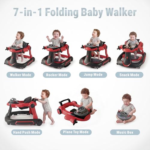 7 in 1 Foldable Baby Walker, Rock/Push Mode/Activity Center, Green | Adjustable Height & Speed, Music, Lights, Footrest, Detachable Play Toy Panel, Walker with Wheels for Infants 7-18 Months