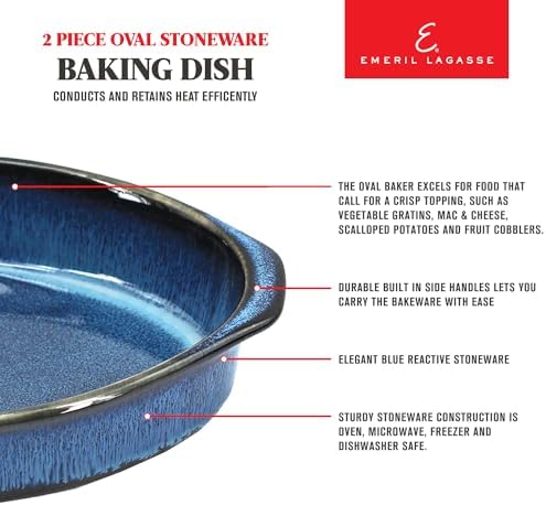 Emeril Lagasse 2-Piece Oval Stoneware Baking Dish Set - Versatile 1 & 2 Qt, for Baking, Perfect Casseroles, Roasts, Cake, Lasagna Pan, Microwave, Oven