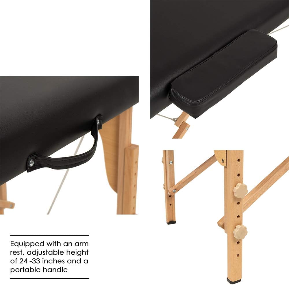 BestMassage | Portable Massage Table | 24" Wide, Black PU Leather | Lightweight, 2-Fold Massage Table with Height Adjustment, 450lbs Capacity, Carry Bag | For Massage, Facial, Tattoo, Home, Spa