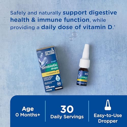Mommy's Bliss Baby Probiotics + Vitamin D Drops, Supports Digestive Health & Immune Function*, 400IU Vitamin D , Supports Bone Development*, Newborns+, Flavorless, 0.34 Fl Oz (30 Servings)