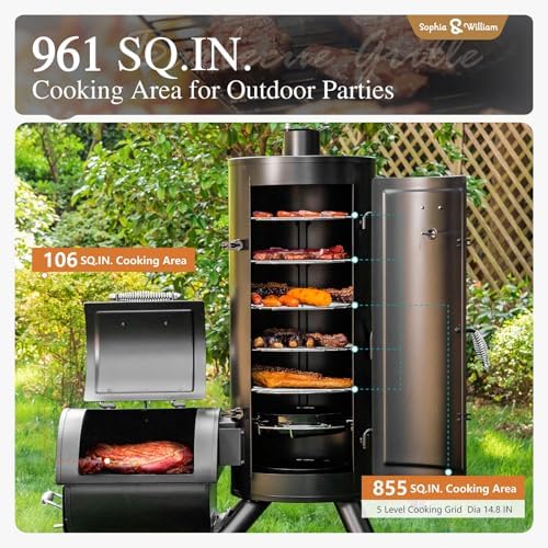 Sophia & William Vertical Offset Charcoal Smoker 961 SQ.IN. Cooking Area | Extra Large Heavy-Duty Outdoor BBQ Gill Offset Smoker with Warming Tray, Push-out Ash Tray for Outdoor Cooking, Black