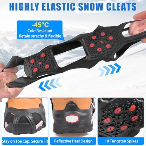 Ice Cleats Tungsten Crampons, Anti Slip Shoes Grippers with Reflective Heel, Ice Snow Cleats for Shoes and Boots Men Women Slip-on Overshoes Stretch Footwear