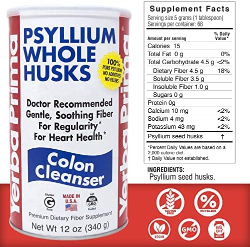 Yerba Prima Psyllium Whole Husks, Colon Cleanser 12 oz (Pack of 2) - All Natural Dietary Fiber, Pure Premium Psyllium, Lab-Tested Non-GMO, Gluten-Free Fiber