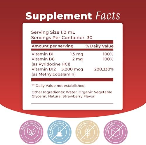 Vitamin B12 Sublingual Liquid Drops (5000 mcg) Plus B1 & B6 in Fastest Absorption Way. Best Formula to Support Brain Cells & Nerve Tissue