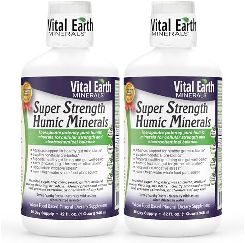 Vital Earth Minerals Super Strength Humic Minerals – Fulvic Acid Supplement with 70+ Trace Minerals, Electrolytes for Detox & Digestion, 32 Oz + 1 Oz Cup