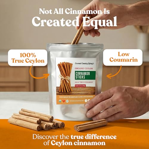 Organic Ceylon Cinnamon Sticks 8 oz - Whole Sticks from Sri Lanka, USDA | True Cinnamon 3" Quills, Fair Trade, Non-GMO, Gluten Free, Low Coumarin, Naturally Sweet Aroma, for Tea, Baking & Cooking