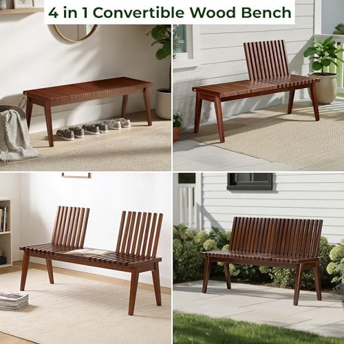 Melino Wooden Bench Outdoor 47" Convertible Acacia Wood Bench, Solid Wood Indoor Patio Benches for Outdoors