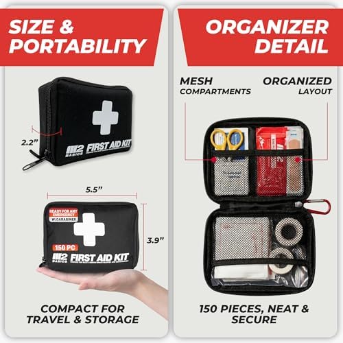 M2 BASICS 150 Piece Premium First Aid Kit, Compact Bag for Purse & Travel | On-The-Go Emergency Use, Backpack, Glove Box, Luggage, Carry-On, School