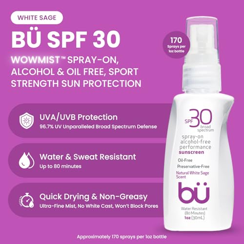 BU SPF 30 Sunscreen Spray for Face and Body, Non Aerosol Spray, Ultrafine WOWmist, TSA Travel Size Sunscreen, Clear, Non Greasy, Water Resistant, White Sage 3.3 oz