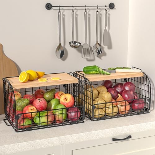 2 Set Stackable Wire Basket with Openable Top, Kitchen Counter