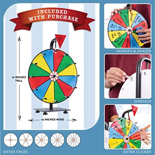 5 in 1 Tabletop Prize Wheel Spinner - 12" Carnival Games Smooth Spinning Wheel for Prizes, Raffle - Portable Dry Erase Spin the Wheel Game with Stand