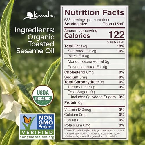 Kevala Organic Toasted Sesame Oil - 1 gal, Made with Organic Sesame Seeds | Medium Smoke Point Suitable for Light Roasting and Stir-Frying, Kitchen Pantry Essential Vegetable Oil, Salad Dressing Base