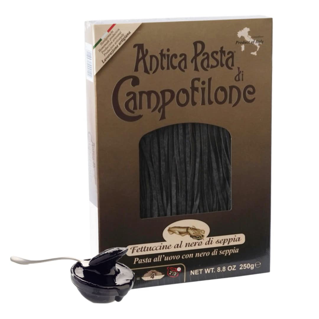Campofilone Italian Squid Ink Fettuccine Egg Pasta | Marcozzi di Campofilone Traditional Dried Egg Pasta with Squid Ink Imported from Italy | 8.8oz (250g) - Pack of 3