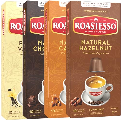 Roastesso, Aluminum Espresso Capsules, Flavors Variety Pack, Natural Flavored Coffee Pods with French Vanilla, Caramel, Chocolate & Hazelnut
