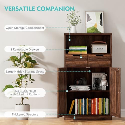Vongrasig Bathroom Storage Cabinet, 42.5" H Freestanding Floor Cabinet | Wooden Modern Cabinet with 2 Drawers, Open Shelf and Adjustable Shelf for Bathroom, Laundry Room and Entryway, White