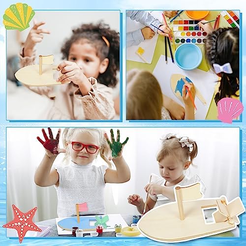 Amersumer 10 Pcs DIY Toy Wood Boat Craft Kits, Mini Wooden Sailboat Kits, Paddle Boats Paint and Decorate for School Projects