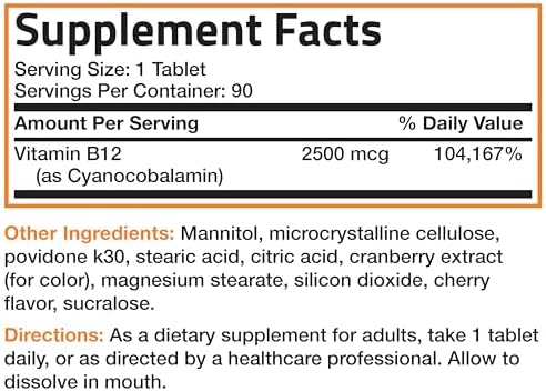 Vitamin B12 2500mcg Shot of Energy Fast Dissolve Chewable Tablets - Quick Release Cherry Flavored Sublingual B12 Vitamin - Supports Nervous System, Healthy Brain Function Energy Production – 90 Count