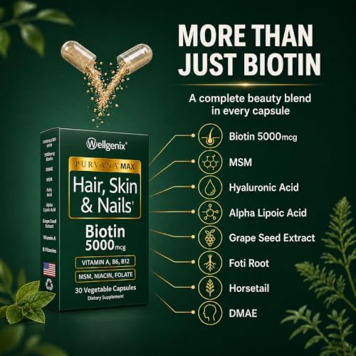 Wellgenix Purvana MAX Hair Skin and Nails Supplement – 5000mcg Biotin with MSM & B-Complex – Support for Thicker Hair, Stronger Nails & Glowing Skin – 30 Veggie Capsules | Biotin, MSM & hyaluronic acid in vegetable capsules for thicker, fuller hair, stro…
