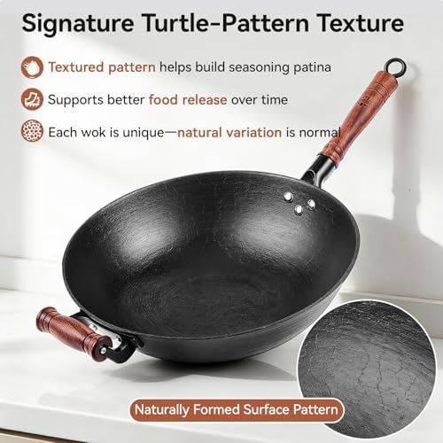 WANGYUANJI 12.6 Inch Cast Iron Wok with Wooden Lid, Handcrafted Flat Bottom Chinese Stir Fry Pan, Uncoated Heavy-Duty Iron Wok for Induction, Gas