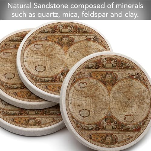 Thirstystone Old World Passages Round Natural Sandstone Coaster 4 Pack | 4" Diameter, Manufactured in the USA, Protective Cork Backing