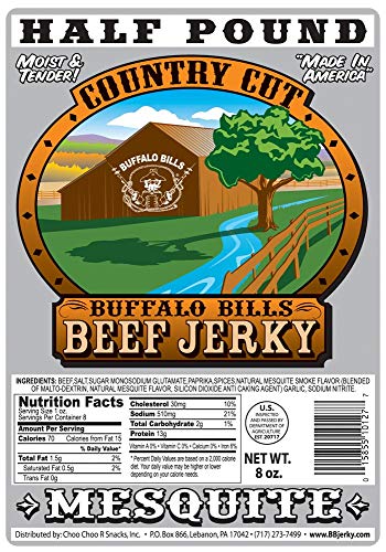 Buffalo Bills Mesquite Country Cut smoked Beef Jerky, Moist & Tender, 8 Oz | Mesquite Beef Jerky, Made In USA, High Protein, Low Carb, For Work, Trips, On-The-Go Snacking, Smoky Flavor, Hot Snacks
