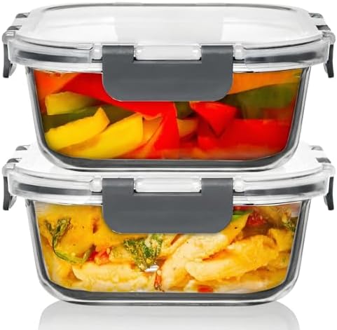 Razab 2 PC 1200ML / 41 Oz Glass Food Storage Containers with Lids - Airtight & Leakproof - Microwave/Oven/Freezer Safe - BPA Free - Ideal for Meal