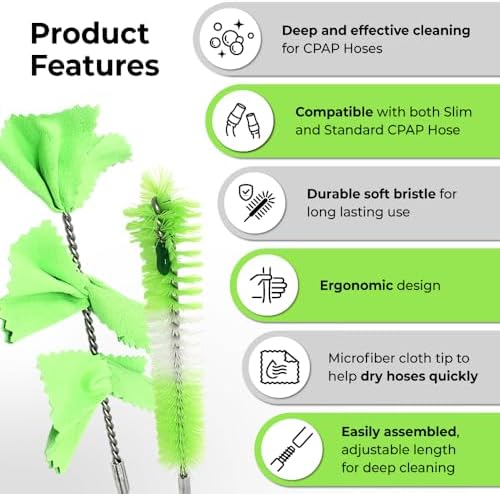 Purdoux 2-in-1 CPAP Hose Brush Tube Cleaner & Dryer for 22mm & 15mm Hoses | 6-Piece Adjustable Stem Up to 6.5ft, Soft Nylon Bristles