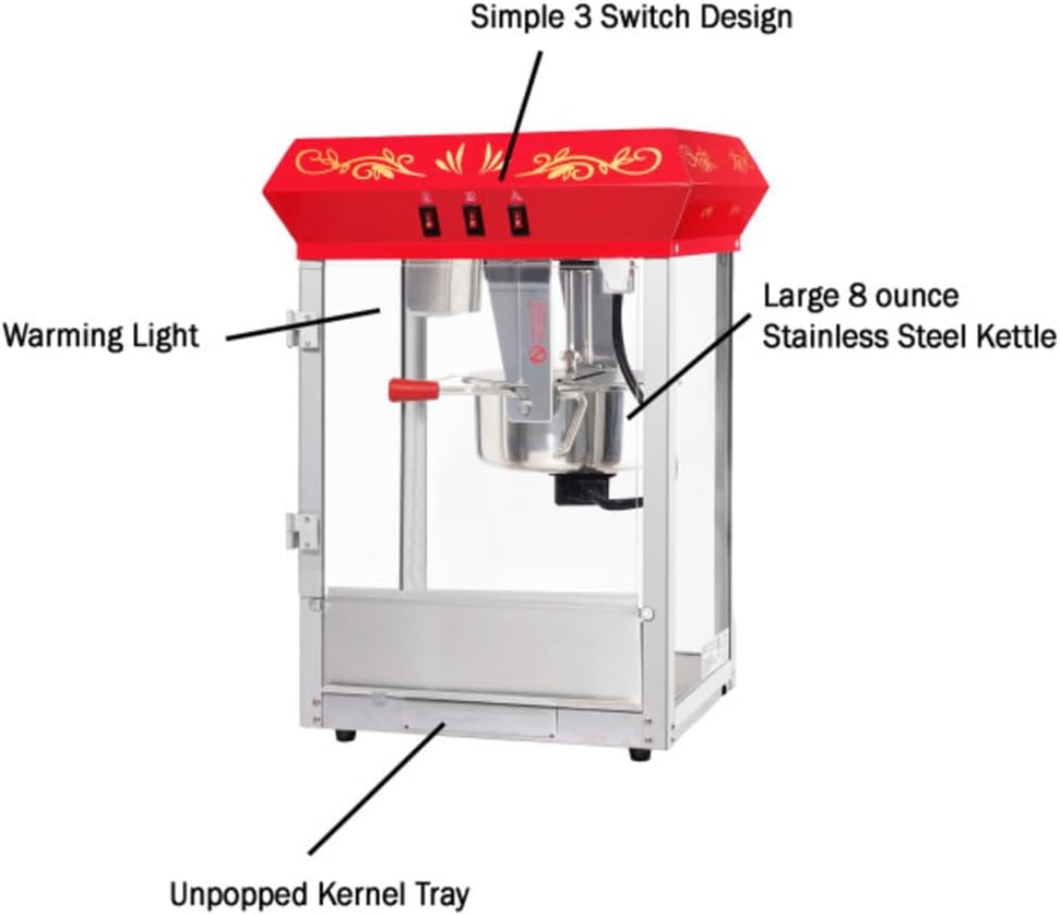 Great Northern Popcorn Company 6100 8 ounce Foundation Red Antique Style Popcorn Popper Machine, Red Floral, Counter-top Popper Machine
