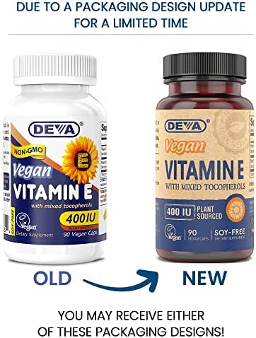 DEVA Vegan Vitamins Natural Vitamin E 400IU with Mixed Tocopherols, Supports Immune System & Skin Nutrition, Natural Antioxidant & Gluten Free, Dairy Free, Non-GMO, 90 Capsules