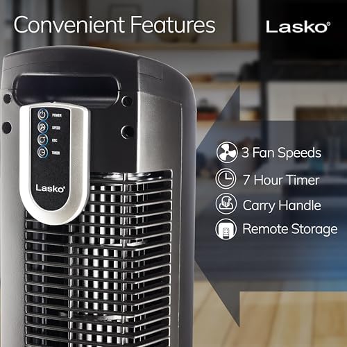Lasko Oscillating Tower Fan with Remote Control - 36" - 2510 - White | Timer, Quiet Standing Fan for Bedroom, Office, and Home, 3 Speeds, Powerful Cooling Air