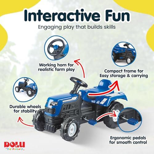 DOLU Ranchero Pedal Operated Ride On Tractor for Kids, Indoor Outdoor Toy Vehicle with Fun Horn and Sturdy Build for for Ages 3 Years and Older, Blue