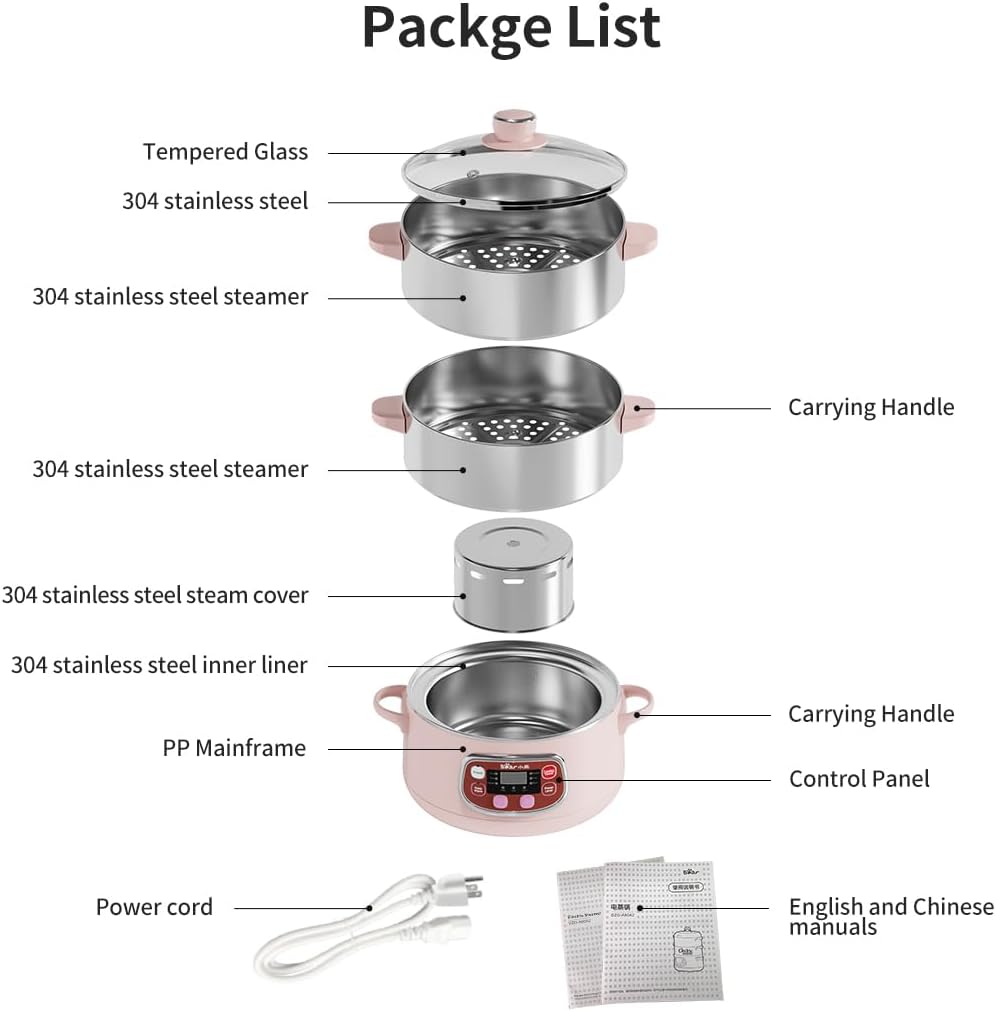 Bear Electric Multifunctional Food Steamer, One Touch Digital Steamer with Timer, Vegetable Steamer 2 Tiered Stackable Stainless Steel Baskets