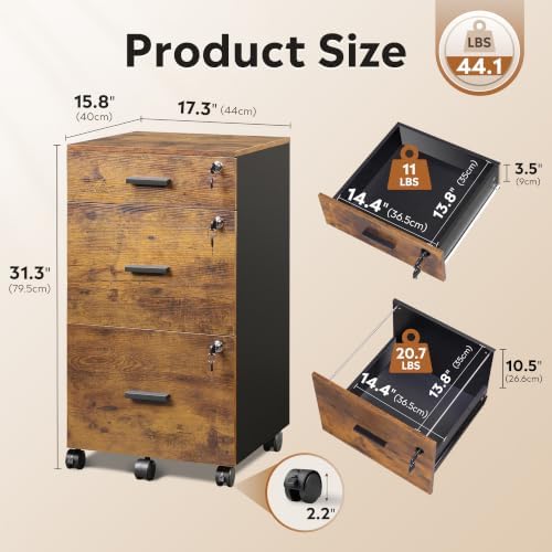 DEVAISE 3 Drawer File Cabinet with Lock & Wheels, Wood Printer Stand | Mobile Filing Cabinet Fits Letter/A4 Size; Rustic Brown Wood Printer Stand Keeps Home Office Files Secure And Organized