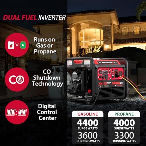 PowerSmart 4400-Watt Open Frame Inverter Generator, Gas Powered, CO-Sensor, Lightweight & Quiet for Home Use and Emergency Backup, Camping, EPA Compliant