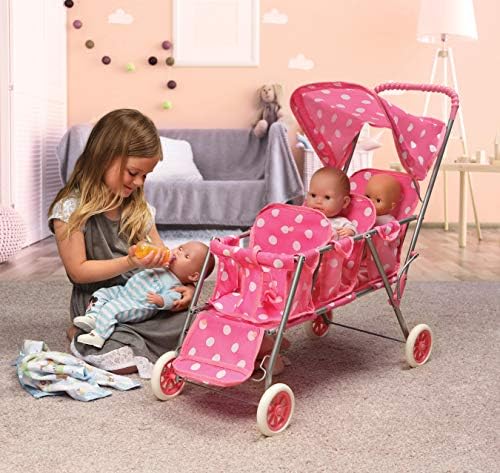 Badger Basket Triple Doll Stroller with Canopy, Foldable Toy Pram - Pink | Triple-seat stroller fits 14.5–18" dolls, foldable, canopy, seat belts