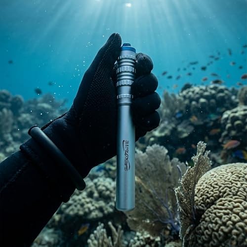 Scuba Dive Rattle with Magnet - 6.7" Aluminum (Silver) | Diving Noise Maker, Underwater Shaker, Magnetic Mute, PVC Wrist Band & Lanyard