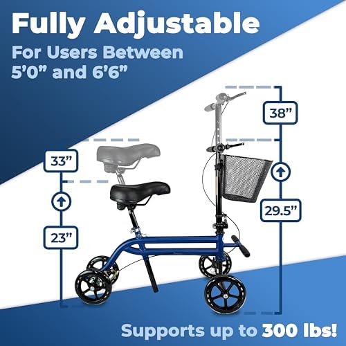 KneeRover Steerable Seated Scooter Mobility Knee Walker, Blue | Sitting Scooter with Leg Rest, Comfortable Gel Seat