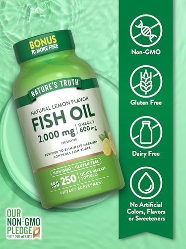 Nature's Truth Fish Oil 2000 mg | 600 mg Omega 3 | 250 Softgels | Natural Lemon Flavor | Non-GMO and Gluten Free Supplement | Natural Lemon Flavor